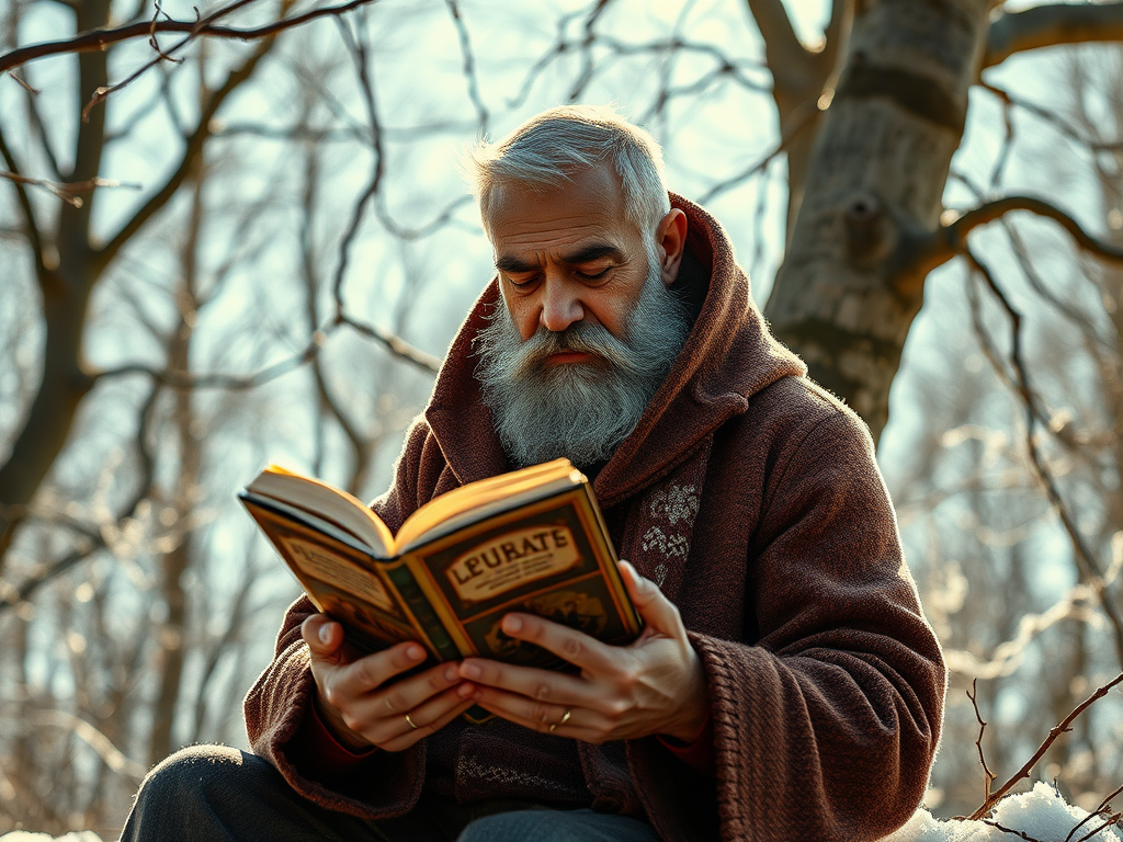 Пожилой мужчина с белой бородой читает книгу на фоне зимнего леса. Снежный покров вокруг.